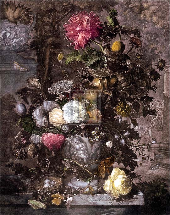 Jan van Huysum Artist Hand Colored Copper Plate Printed Atelier Print:"Baroque Flowers"