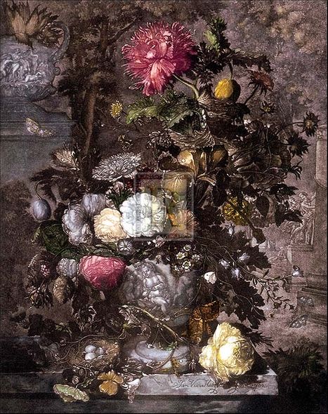 Jan van Huysum Artist Hand Colored Copper Plate Printed Atelier Print:"Baroque Flowers"
