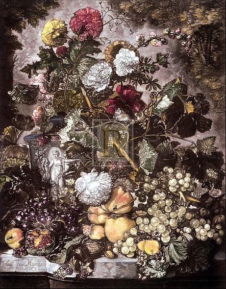 Jan van Huysum Artist Hand Colored Copper Plate Printed Atelier Print:"Baroque Fruit"