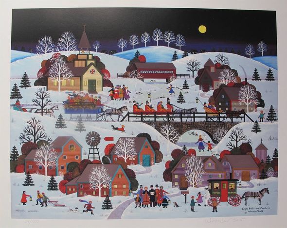 Jane Wooster Scott Hand Signed Limited Edition Lithograph:"Jingle Bells And Carolers"