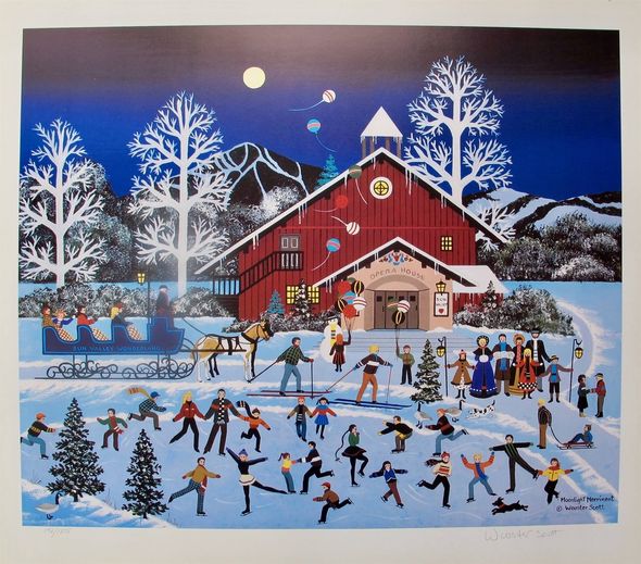 Jane Wooster Scott Hand Signed Limited Edition Lithograph:"Moonlight Merriment"