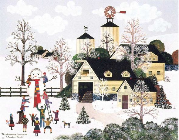 Jane Wooster Scott Handsigned and Numbered Limited Edition Serigraph on Paper:"THE AWESOME SNOWMAN"