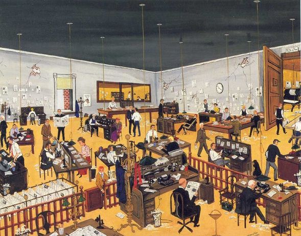 Jane Wooster Scott Handsigned and Numbered Limited Edition Serigraph on Paper:"THE NEWS ROOM - ORIGINAL ETCHING"
