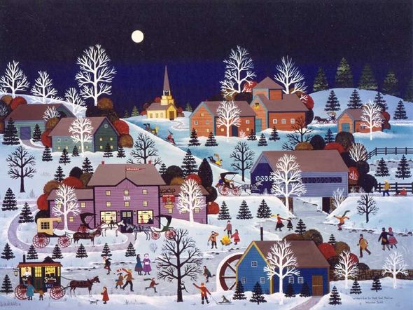 Jane Wooster Scott Handsigned and Numbered Limited Edition Serigraph on Paper:"WINTER'S EVE IN HOOT OWL HOLLOW"