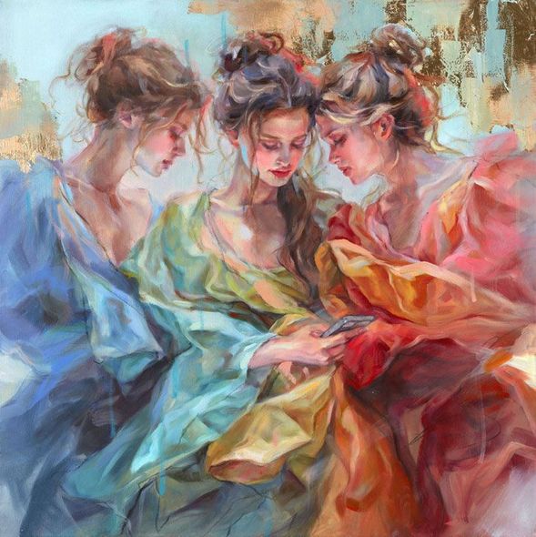 Anna Razumovskaya Hand Signed and Numbered Limited Edition Embellished Canvas Giclee:"Gossip Fairies"