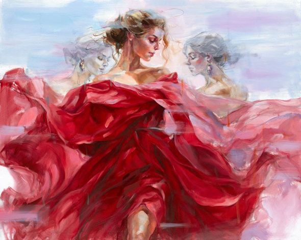 Anna Razumovskaya Hand Signed and Numbered Limited Edition Embellished Canvas Giclee:"In A Scarlet Cloud l"