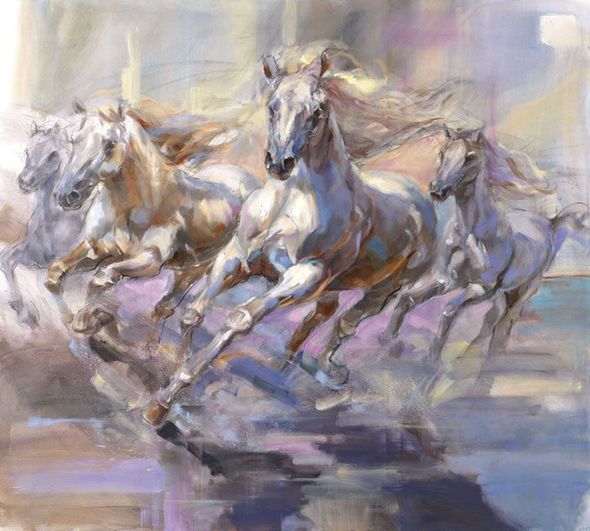 Anna Razumovskaya Hand Signed and Numbered Limited Edition Embellished Canvas Giclee:"Silvered Sprint"