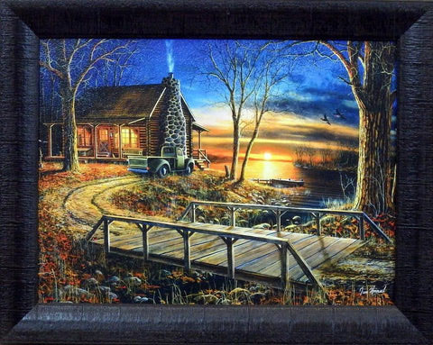 Jim Hansel Studio Canvas:"Simpler Times Cabin Lake Art Print-Framed"