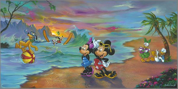 Jim Warren Hand-Signed and Numbered Limited Edition Hand-Embellished Gicl&eacute;e on Canvas:"Mickey and the Gang's Hawaiian Vacation"