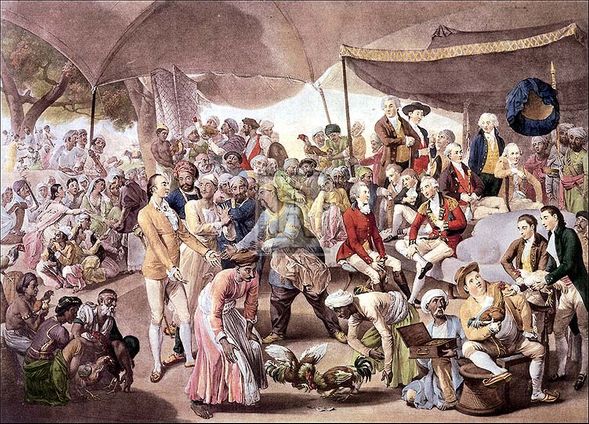 Johann Zoffany Artist Hand Colored Copper Plate Printed Atelier Print:"Colonel Mordaunts's Cock Match"