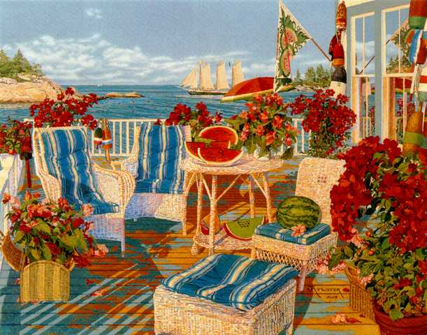 John Atwater Artist Signed Limited Edition Print #702: "Blue Stripes and Begonias"