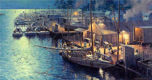John Barber Artist Remarque Limited Edition AP Print:"Offloading the Catch at Tilghman Island"