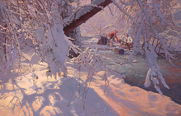 John Buxton Handsigned and Numbered Limited Edition Canvas Giclee:"Winter Windfall"