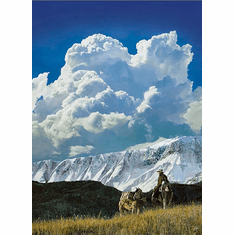 John Bye Open Edition Canvas Giclee depicting a mountain pass with dramatic clouds and a rider on horseback, emphasizing natural beauty and outdoor adventure.
