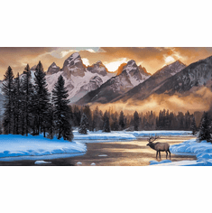 John Bye Open Edition 40x22 Canvas Giclee depicting a serene winter landscape with a river, snow-covered mountains, and a solitary elk in twilight.