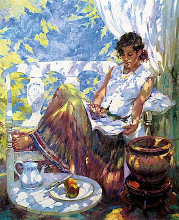 John Michael Carter Handsigned and Numbered Limited Edition Giclee on Canvas:"Reading on the Veranda"