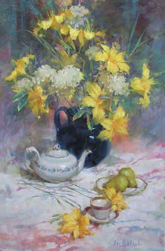 John Michael Carter Open Edition Giclee on Canvas:"Lilies & Teapot"