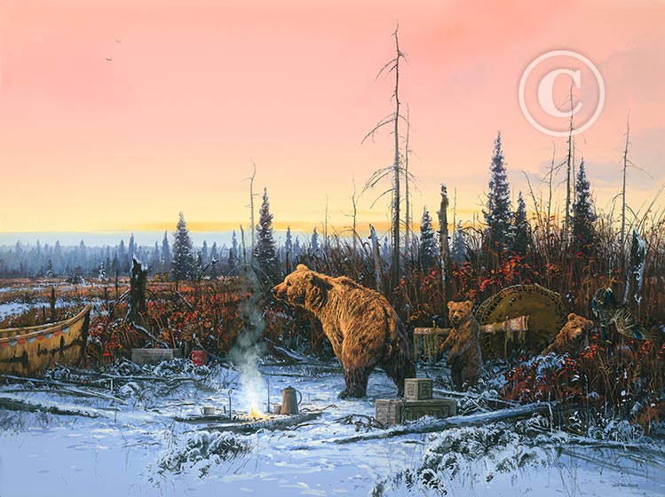 John Paul Strain Hand Signed and Numbered Limited Edition Giclee:"Grizzly Bears in Camp"