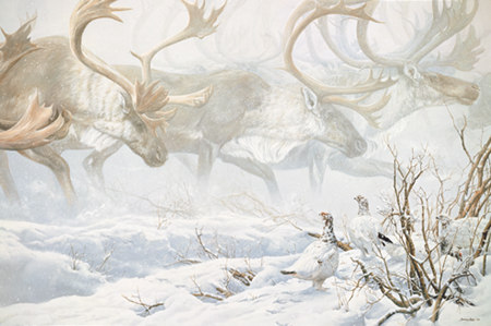John Seerey Lester PPLimited Edition Giclee Canvas:" Arctic Procession-Willow Ptarmigan with Caribou"