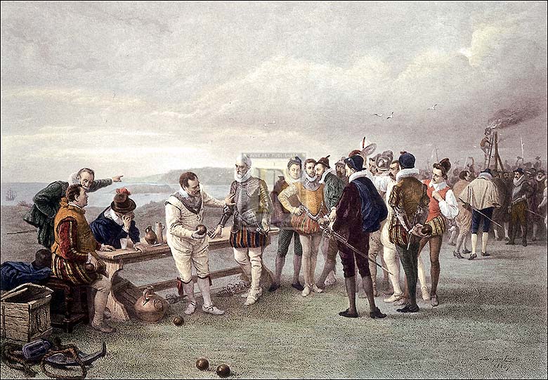 John Seymour Lucas Artist Hand Colored Copper Plate Printed Atelier Print:"Bowles at Plymouth Hoe"