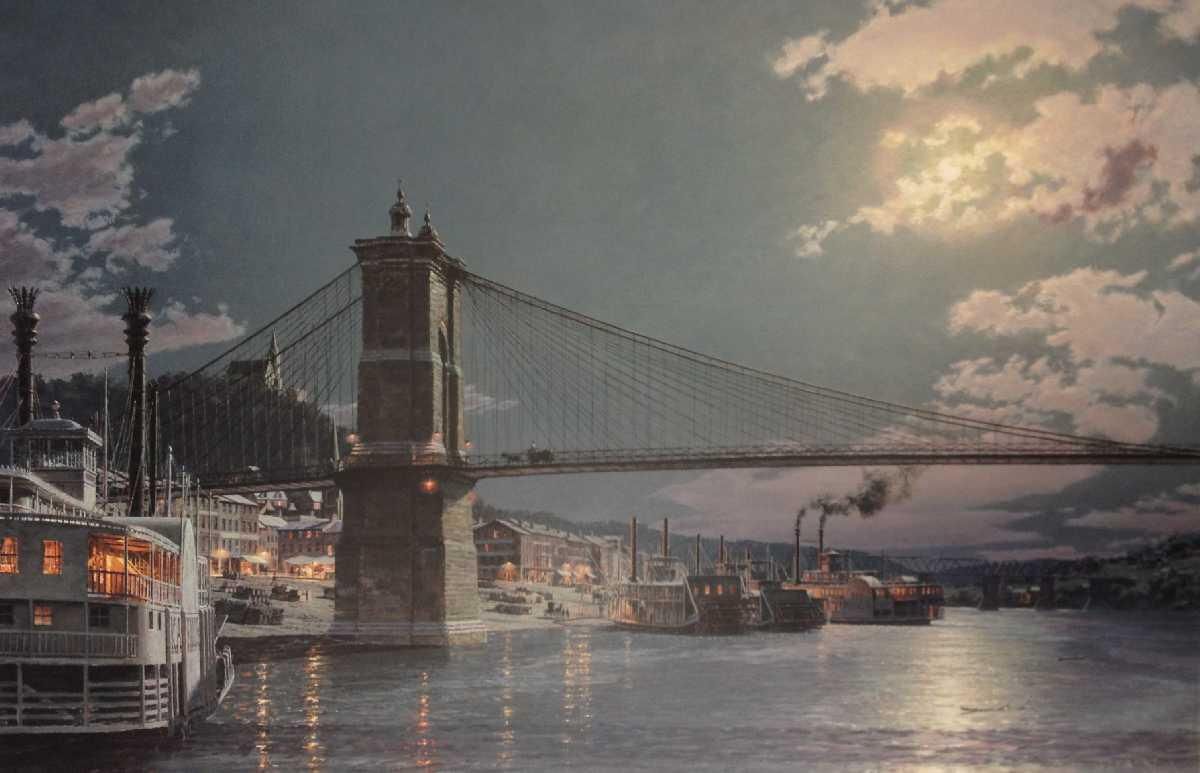 JOHN STOBART 34X21 Secondary Market Art: "Cincinnati Moonlight The Public Landing 1884"