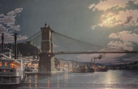 JOHN STOBART 34X21 Secondary Market Art: "Cincinnati Moonlight The Public Landing 1884"