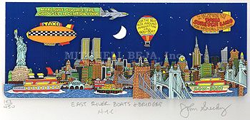 John Suchy Limited Edition Mixed Media:"East River, Boats & Bridges"