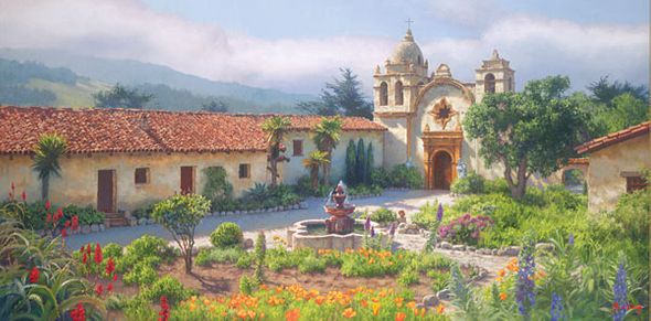 June Carey Handsigned and Numbered Limited Edition Gicl&eacute;e Canvas:"Little Old Mission by the Sea, Circa 1940"