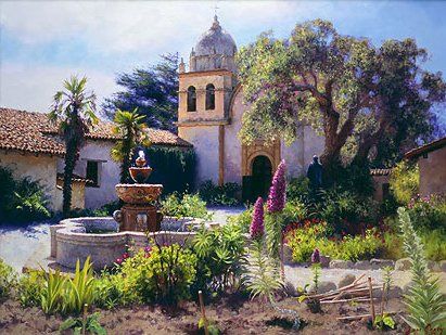 June Carey Handsigned and Numbered Limited Edition Giclee on Canvas:"Springtime in the Mission Garden"