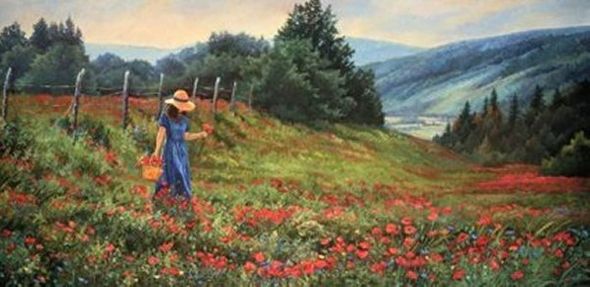 June Dudley Fine Art Giclee on Canvas Open Edition: "Knee Deep in Poppies"