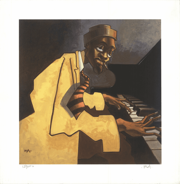 Justin Bua Rare Vintage Artist Signed Offset Lithograph: "Piano Player"