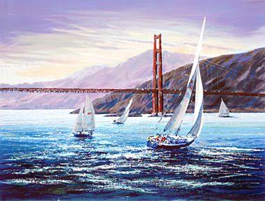 Kerry Hallam Limited Edition Hand-Pulled Serigraph on Canvas: " Golden Gate Sunset (The Pacific Coast Suite) "