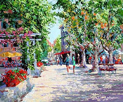 Kerry Hallam Limited Edition Multiple Oil Painted Originals of Canvas: " St. Tropez Marketplace "