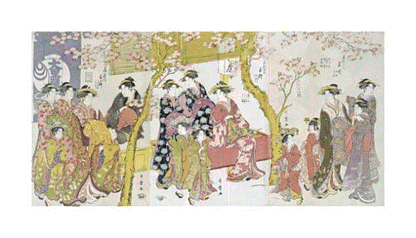 Kitagawa Utamaro Fine Art Open Edition Gicl&eacute;e:"Three Groups of Courtesans with Their Shinzo and Kamuro"
