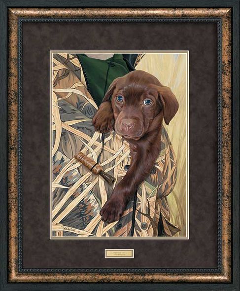 Larry Beckstein Open Edition Framed Art: "First Day Out-Chocolate Lab"
