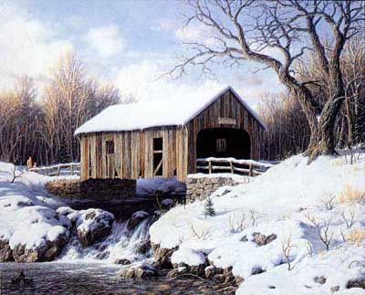 LARRY DYKE 18X22 Secondary Market Art: "SNOW COVERED BRIDGE"