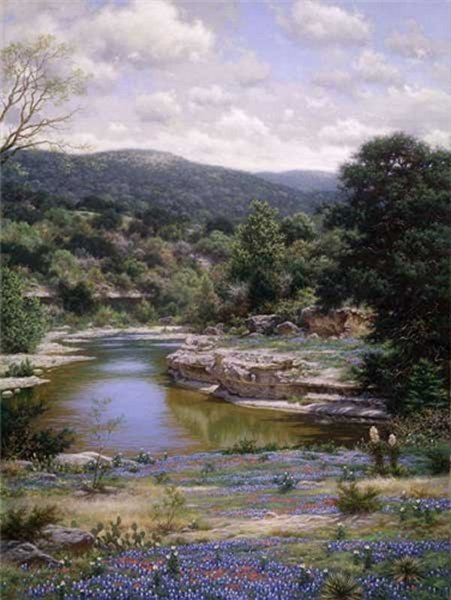 Larry Dyke Hand Signed and Numbered Limited Edition Grande Edition Giclee on Canvas: "Bluebonnets Along the Frio "