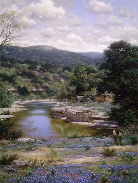 Larry Dyke Hand Signed and Numbered Limited Edition Grande Edition Giclee on Canvas: "Bluebonnets Along the Frio "