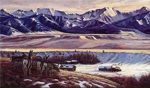 LARRY ZABEL 28X14 Secondary Market Art: "CRAZY MOUNTAIN HOMESTE"
