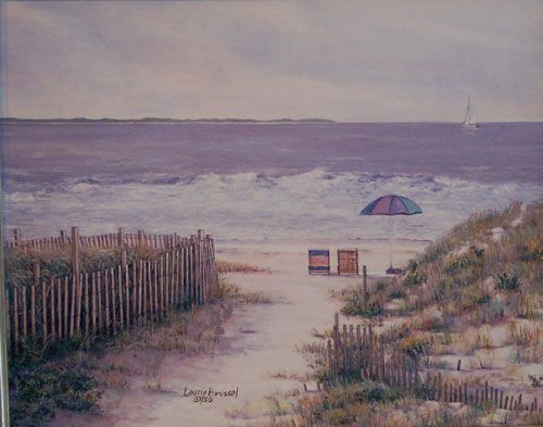Laurie Brussel Limited Edition Giclee on Canvas Hand Embellished by the Artist: "Beach Umbrella with Chairs on Canvas"