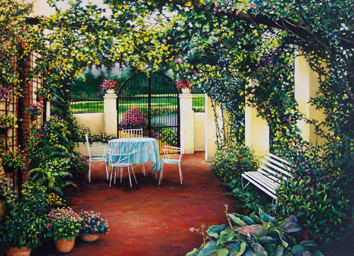 Laurie Brussel Limited Edition Giclee on Canvas Hand Embellished by the Artist: "Hidden Courtyard on Canvas"