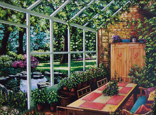 Laurie Brussel Limited Edition Giclee on Canvas Hand Embellished by the Artist: "Sun Room Dining on Canvas"