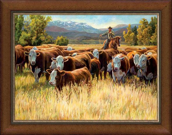 Laurie J Lee Framed Canvas: "Autumn Roundup-Cowboy"