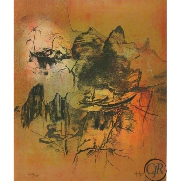 Lebedang-Hoi Lithograph on Paper; Hand Signed by the Artist; Framed: 40" x 36": "Canoeist"