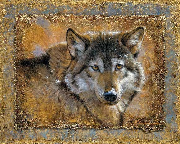 Lee Kromschroeder Open Edition Wrapped Canvas: "Crystals & Gold-Wolf "