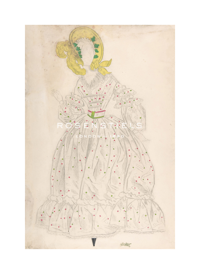 Leon Bakst Hand Numbered Limited Edition Print on Paper :"Woman Wearing a Yellow Bonnet and Polka Dot Dress"
