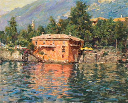 Leonard Wren Handsigned and Numbered Limited Edition Giclee on Canvas:"LAKE COMO RISTORANTE"