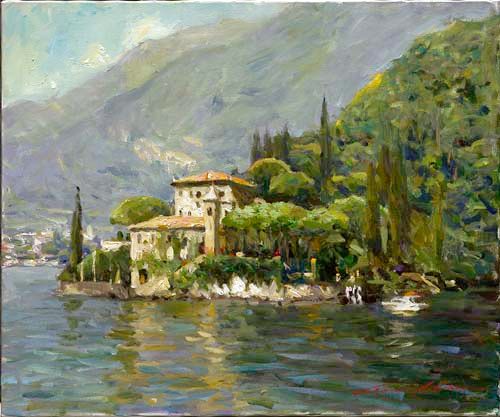 Leonard Wren Handsigned and Numbered Limited Edition Giclee on Canvas:"Lake Como Villa"