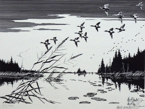 Les Kouba Print-Signed and Numbered:"Mallards Over Sara Bay"