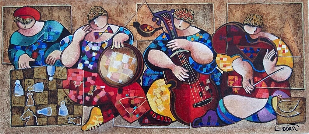 Levi Dorit Hand Signed and Numbered Limited Edition Serigraph on Paper: " Chess Players "